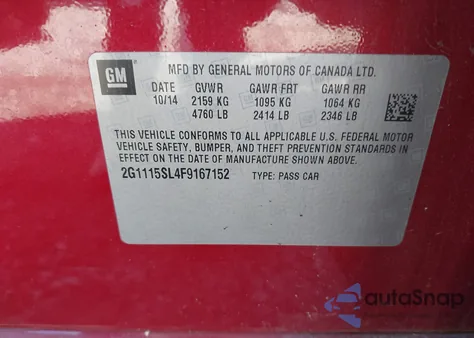 2015 Chevrolet Impala 1Lt из США, поврежденный, VIN 2G1115SL4F9167152